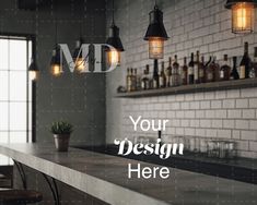 an image of a bar with lights and bottles on the wall behind it that says, your design here