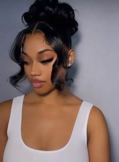 Prom Hairstyles Up Bun, Curly Bun With Two Strands Out, Silk Press Birthday Hairstyles, Prom Updos Black Hair, Prom Hairstyles 8th Grade, Ponytail With Strands Out, Curled Updo Hairstyles Black Women, Black Girls Hairstyles Homecoming, Hoco Black Hairstyles