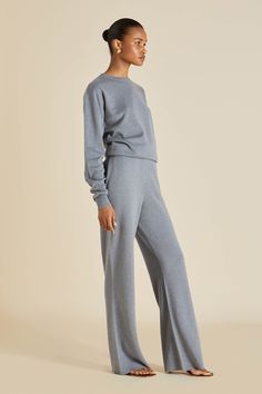 The newest addition to OvH’s bestselling luxury tracksuit line–Carmel London is an urban, understated, and universally chic luxe icon. Product Details Luxury grey silk-cashmere jumper and wide leg trouser Elasticated cuffs and waistband 85% Silk, 15% Cashmere Product code SC0028 Materials and Care Olivia von Halle products are made using the finest natural materials This item is made from 85% silk and 15% cashmere Hand wash in cool water with a specialist wool detergent Lay flat to dry Iron on a Luxury Tracksuit, Cashmere Lounge Set, Cashmere Set, Cashmere Suit, Grey Tracksuit, Beautiful Wardrobe, Olivia Von Halle, Luxury Loungewear, Jumper Outfit