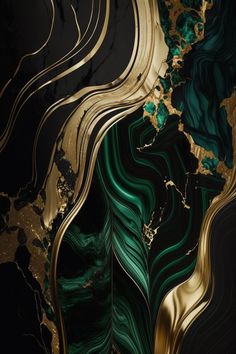 an abstract painting with gold and green paint on black marbled paper that looks like waves