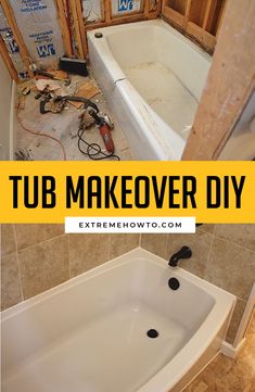 a bath tub sitting in the middle of a bathroom under construction with text overlay that reads, tub makeover diy