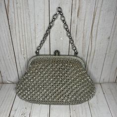 Vintage Silver Embellished Evening Bag, Silver Beaded Bag For Events, Silver Beaded Evening Bag For Formal Occasions, Formal Silver Beaded Evening Bag, Vintage Silver Clutch For Events, Silver Beaded Rectangular Evening Bag, Glamorous Beaded Silver Bag, Glamorous Silver Beaded Bag, Silver Beaded Evening Bag For Events