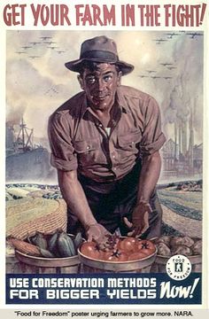 an old poster shows a farmer in the field with tomatoes and onions on his plate