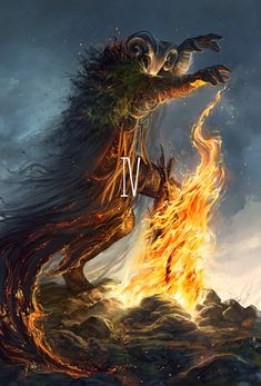 an illustration of a demon with long hair and fire in his hands, standing on top of a hill