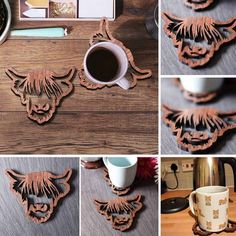 several pictures of coffee cups and coasters on a wooden table, including one with an animal head