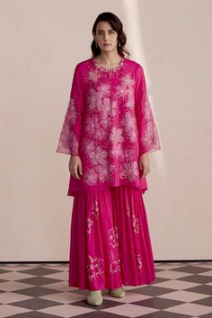 Hot pink silk kurta with floral and beaded embroidery. Comes with sharara and a cotton slip. - Aza Fashions Pink Anarkali Sharara With Silk Thread, Pink Anarkali Silk Sharara, Pink Bollywood Silk Sharara, Festive Dola Silk Sharara With Floral Embroidery, Bollywood Style Floral Embroidered Art Silk Sharara, Pink Silk Palazzo Set With Intricate Embroidery, Bollywood Style Art Silk Sharara With Floral Embroidery, Pink Embroidered Silk Thread Sharara, Pink Silk Thread Sharara