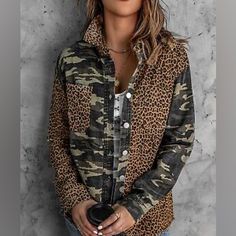 New With Out Tags Size Xs 100% Cotton Casual Leopard Print Outerwear With Pockets, Leopard Print Button-up Outerwear For Fall, Leopard Print Long Sleeve Top With Buttons, Long Sleeve Leopard Print Top With Buttons, Leopard Print Long Sleeve Outerwear With Button Closure, Fall Leopard Print Tops With Buttons, Camouflage Button-up Top For Fall, Fall Camouflage Button-up Tops, Western Shacket