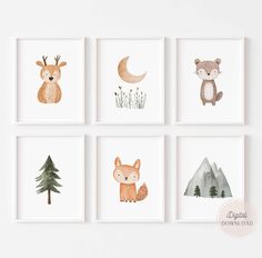 four framed pictures with animals and trees on them