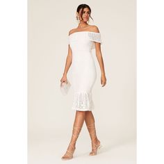 White lace (100% French Lace). Sheath. Short sleeves. Off-the-shoulder neckline. Fully lined. 49" from shoulder to hemline. Imported. Elegant Lace Dress With Straight Neckline And Lace Trim, Off-shoulder Dress With Lace Trim For Date Night, Off-shoulder Dresses With Lace Sleeves, Fitted Off-shoulder Lace Dress For Formal Occasions, Formal Fitted Off-shoulder Lace Dress, Fitted Lace Off-shoulder Midi Dress, White Fitted Lace Dress With Straight Neckline, Elegant Fitted Off-shoulder Lace Dress, Elegant Off-shoulder Lace Dress