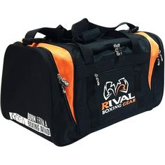 an orange and black duffel bag with the logo rival boxing gear written on it