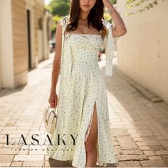 Lasaky - Printed A-Line Midi Sundress with High Slits Chic Split Dress With Floral Print, Chic Floral Print Dress With Split, Casual Beach Midi Dress With Split Hem, Floral Print Split Midi Dress For Summer, Elegant Split Midi Dress For Brunch, Brunch Midi Dress With Split, Spring Knee-length Midi Dress With Split Design, Fitted Summer Maxi Dress With Side Slits, Summer Vacation Maxi Dress With Split Design