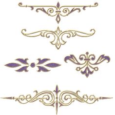 a set of ornate design elements in gold and purple