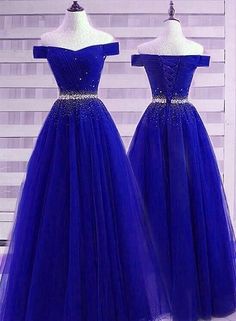 Royal Blue Off The Shoulder Prom Dress, Blue A-line Tulle Evening Dress, Blue Evening Dress For Prom Season, Blue Evening Dress For Homecoming Party Season, Blue Evening Dress For Homecoming And Party Season, Blue Tulle Dress For Party, Blue A-line Dress For Prom, Blue Tulle Party Dress, Royal Blue Ball Gown Evening Dress For Party