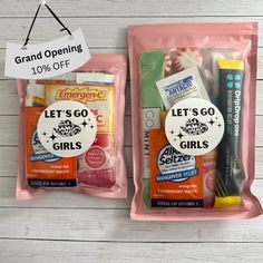 This is our shops grand opening!! We are offering 10% off for our first customers to help us start our dream.  Other options are available in the shop!  Small Hangover Kit Contents: - 1 Bandaid - 1 Motrin Packet (2 Count) - 2 Mints - 1 Emergen-c - 1 Alka Seltzer Packet (2 Count) - 1 Clorox Wipes - 1 Make up Wipe - 1 Hair TIe - 5 Bobby Pins - 1 Shout Wipes - 1 Antacid Packet (2 Count) - 1 Flosser Large Hangover Kit Contents: - 1 Drip Drip Hydration (Flavors Vary) - 1 Mouthwash Packet - 2 Tampons (1 Regular, 1 Super)  - 1 Bandaid - 1 Motrin Packet (2 Count) - 2 Mints - 1 Emergen-c - 1 Alka Seltzer Packet (2 Count) - 1 Clorox Wipes - 1 Make up Wipe - 1 Hair TIe - 5 Bobby Pins - 1 Shout Wipes - 1 Antacid Packet (2 Count) - 1 Flosser Survival Kit Items, Alka Seltzer, Clorox Wipes, Blessing Bags, Travel Bag Essentials, Drip Drip