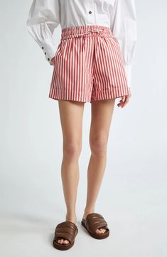 Ganni Stripe Organic Cotton Shorts | Nordstrom Shorts Outfit Casual, Shorts Nordstrom, Barbados Cherry, European Summer Outfits, Gingham Shorts, Fashion Bottoms, Candy Stripes, Casual Summer Outfit, Designer Clothes For Men