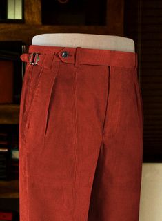 Burnt Sienna Colonel Corduroy Trousers – StudioSuits Red Formal Bottoms With Welt Pockets, Formal Red Bottoms With Welt Pockets, Tailored High-waisted Cotton Pants, Classic Red Bottoms For Business Casual, Tailored Classic Red Bottoms, Classic Tailored Red Bottoms, Fitted Cotton Chinos For Semi-formal Occasions, Formal High-waisted Cotton Dress Pants, Elegant Cotton Bottoms For Fall