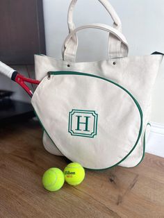 High Quality Monogrammed Tennis Tote Bag-  Choice of  Natural and Green,Pink and Natural,Black and Green,Navy and Gray Color. All of the shop item is personalized with beautiful embroidery thread. ＊＊＊Placing a Order＊＊＊ Please Copy and Paste in "Notes To Seller": 1. Font Style  2. Thread Color 3. Initials or Name Font Samples and Threads swatch are listed on the photo section. Traditional Women's and Couple's monogram is First/LAST/Middle  (Example: ''Emma Marie Bates'' eBm) Traditional Men's Mon Personalized Green Bags For Daily Use, Personalized Green Travel Bag, Green Bag With Embroidered Logo For Everyday Use, Monogram Rectangular School Bag, Personalized Pouch Bag For Everyday Use, Rectangular Monogram Bag For Daily Use, Canvas Pouch Bag For Personal Use, Everyday Monogram Bags, Monogram Tote Bag For Everyday Use