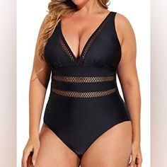 Show Off Your Curves In Style With This Plus Size One Piece Swimsuit That Offers Push Up Support, Comfortable Adjustable Straps, And Moderate Full Coverage For A Flattering Fit. Features: Swimwear Type: Plus Size One Piece Swimsuits Style: Slimming, Sexy, Elegant Bathing Suits Fabric: 82% Nylon, 18% Spandex Top Type: Push Up Neckline: V Neck Swimwear Strap Type: Wide Straps Back Style: Backless Chest Pad: Removable Padded Color: Black Decoration: Mesh, Hollow Out, Tummy Control Waist: High Waist High Neck Swim Top, Plus Size One Piece, Spandex Top, Best Swimsuits, Swimsuit Black, One Piece Swimsuits, High Waist Bottoms, Suit Fabric, Swimsuit Fashion