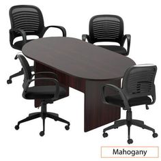 an office table with four chairs around it and the name mahoganyny on the side