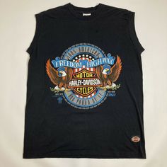 Vintage 1990 Harley Davidson Freeeway Highway Sleeveless T-Shirt SSI XL. 100% GENUINE – We're a USA SELLER Check out MY FEEDBACK! – FAST, PROFESSIONAL SHIPPING! PLEASE NOTE: The item you see is the EXACT item you are receiving. This item is used, therefore the pictures show the best description of the condition of the item. If you have any questions about any of the images, PLEASE feel free to email us. Please see pictures for an accurate description of the item and condition. Will ship quickly Highway Design, American Freedom, Harley Davidson T Shirts, Motor Harley Davidson Cycles, Sleeveless T Shirt, Sleeveless Tshirt, Bold Black, Sleeveless Shirt, Picture Show