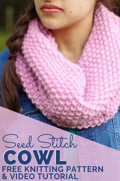 a woman wearing a pink knitted cowl with text overlay that reads, seed stitch cowl free knitting pattern and video tutor