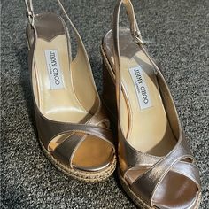 Excellent Condition, No Wear And Tear. Jimmy Choo Gold, Gold Synthetic Wedge Sandals With 4-inch Heel, Cork Wedges, Jimmy Choo Shoes, Womens Shoes Wedges, Gold Leather, Size 10, Jimmy Choo, Wedges