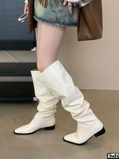 Fisdy - Classic Silver Knee High Boots with Pointed Toe and Slouch Detail Casual Martin Boots With Pointed Toe, Casual Square Toe Martin Boots For Fall, Casual Fitted Martin Boots With Pointed Toe, Casual Martin Boots With Square Toe For Fall, Casual Fitted Martin Boots For Spring, Casual White Leather Knee-high Boots, Casual White Knee-high Boots With Round Toe, Casual Martin Boots With Square Toe For Winter, Casual White Knee-high Boots For Spring