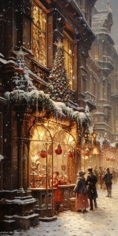 a painting of people walking in front of a christmas store on a city street at night