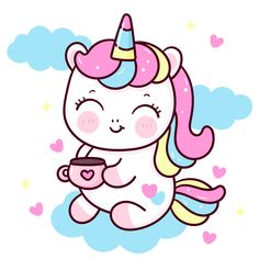 a cute unicorn flying through the sky with hearts on it's tail and holding a cup