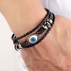 New With The Tag Man's Black Leather 7.8” Tetro Evil Blue Eye Charm Braceletparty Gift Jewelry Trendy Black Party Wristband, Trendy Black Leather Bracelet For Party, Adjustable Bracelets With Black Band For Party, Adjustable Black Band Bracelets For Party, Adjustable Black Band Bracelet For Party, Eye Charm Bracelet, Eye Bracelets, Bracelet Men, Mens Accessories Jewelry