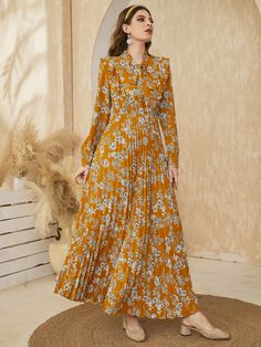 Mustard Yellow Boho  Long Sleeve Polyester Floral,All Over Print A Line Embellished Non-Stretch Spring/Fall Women Dresses Long Outer, Maxi Outfits, Maxi Dresses Fall, Tie Neck Dress, Beautiful Maxi Dresses, Frocks For Girls, High Waist Dress, Pleated Maxi Dress, Floral Print Maxi