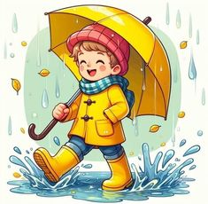 a little boy walking in the rain with an umbrella