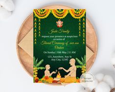 Make your celebrations special with this traditional Upanayanam (thread) Ceremony invitation card for your child's thread ceremony, which is instantly customizable via Jet Template.  This is an Instant Download Digital file for you to edit right in your web browser with JetTemplate after purchase. It is a fully customizable template editor that allows you to personalize your printable directly in your web browser.  It's so easy just: Purchase > Personalize > Print or Share! No waiting - No softw Janoi Ceremony, Thread Ceremony, Ceremony Invitation Card, Ceremony Invitation, E Invite, Print Store, Personalized Prints, Invitation Card, Digital Invitations