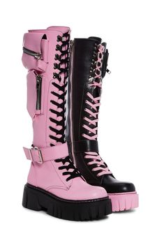 Knee High Boots Lace Up, Skeleton Boots, Pink Knee High Boots Outfit, Gothic Inspired Fashion, Long Combat Boots, Dark Pink Heels, Colorful Platform Boots, Scene Boots, Knee High Leather Boots Outfit