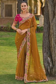 Engaging Brown Color Organza Silk Fabric Saree With Border Work Saree With Border, Silk Organza, Silk Fabric, Saree Designs, Western Fashion, Brown Color, Saree, Silk, Fabric