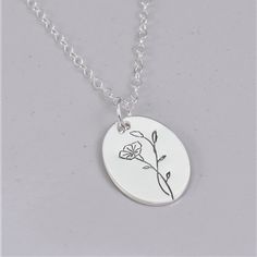 Birth Flower necklace with Morning Glory Design for September birth month. This hand-drawn design on sterling silver keepsake jewelry is simple enough for everyday wear. This custom necklace is a perfect gift for Grandma, Mom or Daughter on her Birthday, for Christmas or Mother's Day. *Charm: 13mm by 18mm *Chain Selection: 16-24 inch *Handcrafted from sheet metal with secure connections *Satin Finish .925 Sterling Silver, 14/20 Rose Gold Filled or 14/20 Yellow Gold Filled *Boxed in simple Kraft Delicate Sterling Silver Birth Flower Charm Necklaces, Delicate Sterling Silver Birth Flower Necklaces, Sterling Silver Birth Flower Necklace As Gift For Her, Minimalist Sterling Silver Birth Flower Necklace, Sterling Silver Birth Flower Charm Necklace As Gift, Mother's Day Sterling Silver Flower Pendant Charm Necklace, Mother's Day Sterling Silver Charm Necklace With Flower Pendant, Sterling Silver Birth Flower Charm Necklace, Delicate Sterling Silver Birth Flower Necklace