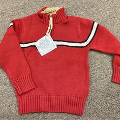 Warm Nordic Little Traveler Red Stripe Cotton 1/4 Zip Sweater. New W Tags. Casual Red Outerwear With Ribbed Collar, Red Retro Winter Tops, Retro Red Tops For Winter, Red Cotton Top With Ribbed Collar, Red Cotton Tops With Ribbed Collar, Casual Red Tops With Ribbed Collar, Cape Sweater Ponchos, Sparkle Cardigan, Long Grey Cardigan