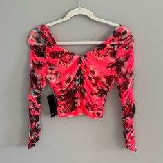 Nwt Mesh Crop Top. The Main Body Is Lined, And The Sleeves Are Unlined. Entire Shirt Is Gathered And Ruched. Has Good Stretch To It! Gorgeous Floral Print. V-neck Floral Print Crop Top, Fitted Floral Print Top For Party, Floral Print Crop Top For Party, Stretch Floral Print Tops For Night Out, Trendy Ruched V-neck Crop Top, Pink Ruched Top For Night Out, Party V-neck Ruched Tops, Ruched V-neck Crop Top For Spring, Spring Ruched V-neck Crop Top