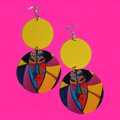 Colorful Tribal Mask Wooden Earrings Beautiful Design Hangs 4 Inches Very Lightweight All Wood Funky Yellow Earrings For Party, Yellow Artsy Earrings For Festivals, Purple Statement Earrings, Boho Texture, Red Heart Earrings, Purple Gems, Rose Gold Crystal, Faux Pearl Earrings, Teardrop Dangle Earrings