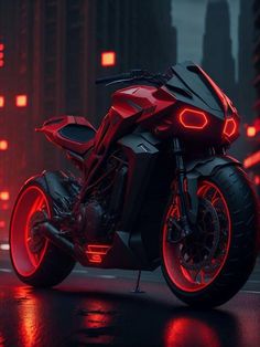 a red motorcycle parked in the middle of a city at night with bright lights on it