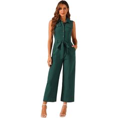 Looking cool is an easy job when you're wearing this sleeveless jumpsuit. Check off the summer trend with this khaki jumpsuit, which is cut from comfy woven cotton and fitted with slant pocket. This button up jumpsuit brings modern charm with its defining waist tie. Working nine to five just got a little more fun with this elastic back jumpsuit. Sleeveless Khaki Jumpsuits And Rompers For Summer, Sleeveless Solid Denim Jumpsuit For Summer, Solid Sleeveless Denim Jumpsuit For Summer, Sleeveless Denim Jumpsuit For Summer Workwear, Sleeveless Cotton Overalls For Workwear, Sleeveless Cotton Jumpsuits For Work, Sleeveless Khaki Jumpsuits And Rompers For Spring, Sleeveless Cotton Jumpsuits And Rompers For Work, Sleeveless Khaki Jumpsuit With Pockets