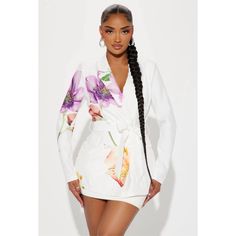 Available In White/Combo. Blazer Lapel Collar Long Sleeve Crepe Woven Button Closure Pocket Detail Non Lined Disclaimer: Print Placement May Vary. Self: 100% Polyester Imported Marilyn Melo Fashion Nova, Marilyn Melo, Glam Closet, Ladies Brunch, Beautiful Photoshoot Ideas, Hair Business, Blazer White, Service Women, Business Hairstyles