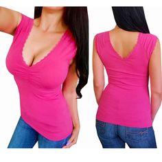 95% Cotton 5% Spandex Approximate Measurements Small Armpit To Armpit- 14" Top Of Shoulder To Hem (Length)- 24" Medium Armpit To Armpit- 15" Top Of Shoulder To Hem (Length)- 24.5" Large Armpit To Armpit- 16" Top Of Shoulder To Hem (Length)- 25" Stretch V-neck Vest Top, Solid Color V-neck Vest Top, Pink Stretch V-neck Camisole, Stretch Solid Color Low-cut Tank Top, Stretch Low-cut Summer Tops, Stretch Low-cut Tops For Summer, Casual Stretch Low-cut Tank Top, Pink Fitted Low-cut Top, Trendy V-neck Stretch Tank Top