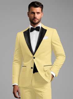 A bold take on wool suits, our Napolean Yellow Wool Tuxedo suit style helps create a slender silhouette while also remaining comfortable and versatile. Crafted from wool blend, the tuxedo makes a statement because of the color alone and you have to be ready for the attention you will attract wearing this outfit.   Featuring satin lapel, matching satin covered buttons and gentle texture at its surface, our tuxedo is a subtle fashion-forward take on a traditional tailoring.   Look Includes  Napolean Yellow Wool Fabric  Two Button Tuxedo Jacket Style  Notch Lapel  Black Tuxedo Buttons  Single Vent  Three Cuff Buttons  Two Welted Back Pockets on Trousers     You can change the look by changing the options listed.   Jacket is fully lined while the Pants do not have satin lining.   Super 140's W Yellow Tuxedo, Subtle Fashion, Grey Tweed Suit, Wool Suits, Peaky Blinders Suit, White Linen Suit, Green Velvet Jacket, Herringbone Tweed Jacket, Wool Jackets