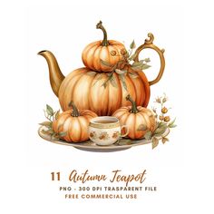 an autumn teapot with pumpkins on it