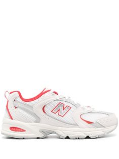 white/red mesh design suede panels round toe logo-print tongue appliqué logo to the side pull-tab at the heel branded insole contrast lining signature ABZORB® midsole rubber outsole front lace-up fastening Sporty New Balance Running Shoes With Perforations, Lace-up Running Shoes For Light Sports With Logo, White Low-top Running Shoes With Logo, New Balance Streetwear Running Shoes With Perforations, New Balance Running Shoes With Perforations For Streetwear, New Balance Perforated Running Shoes For Streetwear, White Chunky Sneakers For Sports With Logo, White Sporty Running Shoes With Logo, Sporty White Running Shoes With Logo