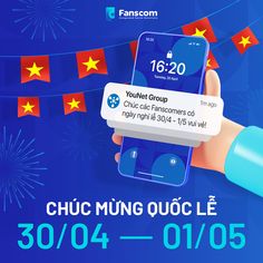 a hand holding a phone with the message chuc mung ouoc le 30 / 04 - 01 / 05