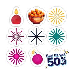 stickers with different designs and colors on them for the price of 50 % off