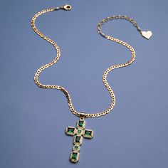 *Adjustable Necklace 14"-16" (Sizes Available) *18K Gold Plated *Cubic Zirconia Pendant *Handmade in Los Angeles Emerald Cross, Ornate Cross, Dope Jewelry Accessories, Face Jewellery, Nameplate Necklace, Dope Jewelry, Hand Chain, Bead Charm Bracelet, Dangly Earrings