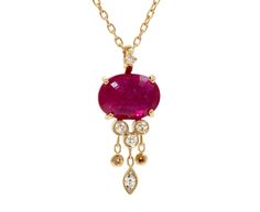 Playful and distinctive, this Celine Daoust necklace has a modern, style defining presence. The 14K yellow gold pendant is set with a deep red ruby. Hanging from the bottom of the pendant are 14K yellow gold diamond drops, creating a pendant with the perfect amount of movement that is reminiscent of a jelly fish. total length : 16 1/2" : 14K yellow gold14K yellow gold pendant : 5/16" x 3/4"ruby : 8mm x 6mmdiamonds : vary : 1mm diameter to 1.5mm x 2.5mm each14K yellow gold spring ring clasp closu Fine Jewelry Ruby Drop Necklace, Fine Jewelry Ruby Drop Necklaces, Luxury Ruby Necklace In Yellow Gold, Luxury Yellow Gold Ruby Necklace, Oval Ruby Necklace In Yellow Gold, Fine Jewelry Ruby Oval Pendant Necklace, Ruby Oval Pendant Fine Jewelry Necklace, Fine Jewelry Ruby Necklace With Oval Pendant, Yellow Gold Ruby Oval Pendant Necklace